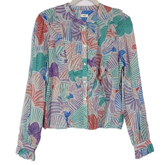 Warm NYC Cotton Fan Ruffle, Button Down, Long Sleeve Blouse, NWT, sz 2 (medium) - Picture 1 of 7